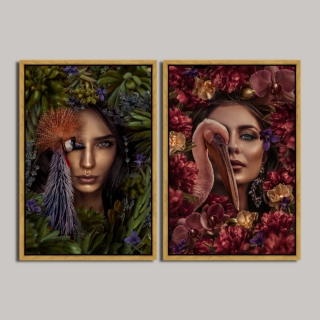 Set tablouri canvas cu rama float Femeia pasăre  - Multicanvas dim. 80 x 60 cm