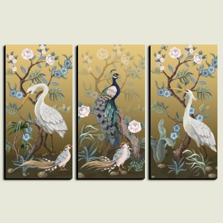 Multicanvas Chinoiserie Gold - Egrete și păun dim. 160 x 80 cm
