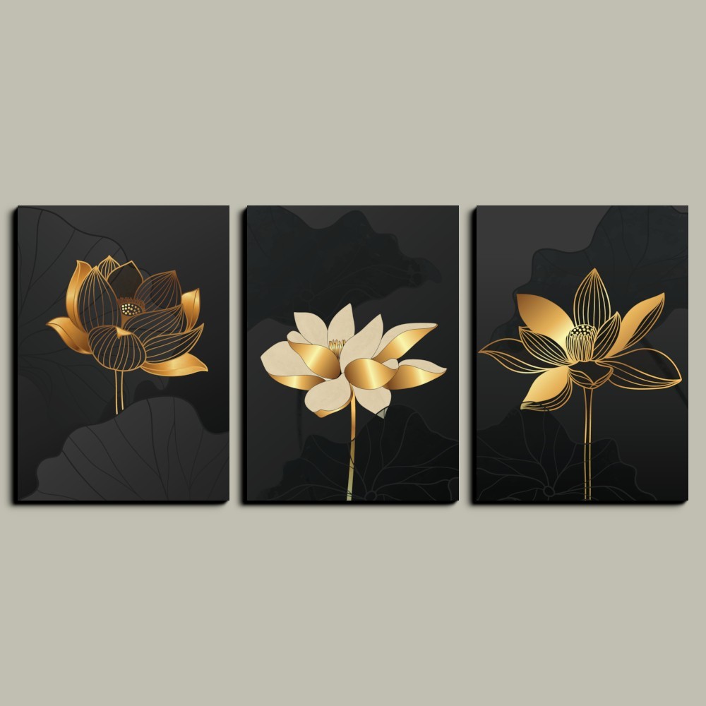 Multicanvas Flori abstracte - Gold on Black dim. 90 x 40 cm
