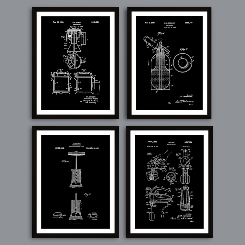 Set postere inrămate Patente Cafetieră, Sifon, Tirbușon, Mixer electric dim. set 68 x 86 cm