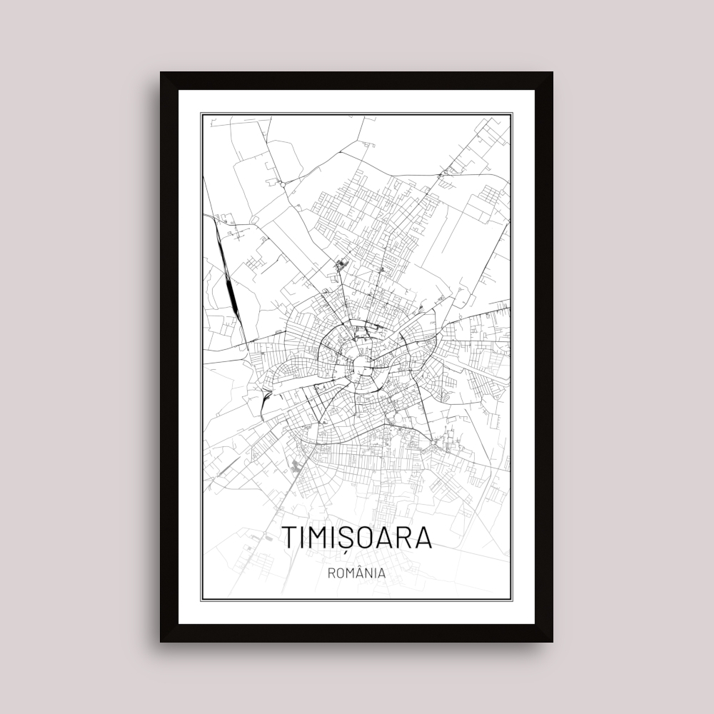 Tablou inramat Reinterpretare grafică în alb și negru a hărții orașului Timișoara 35 x 50 cm