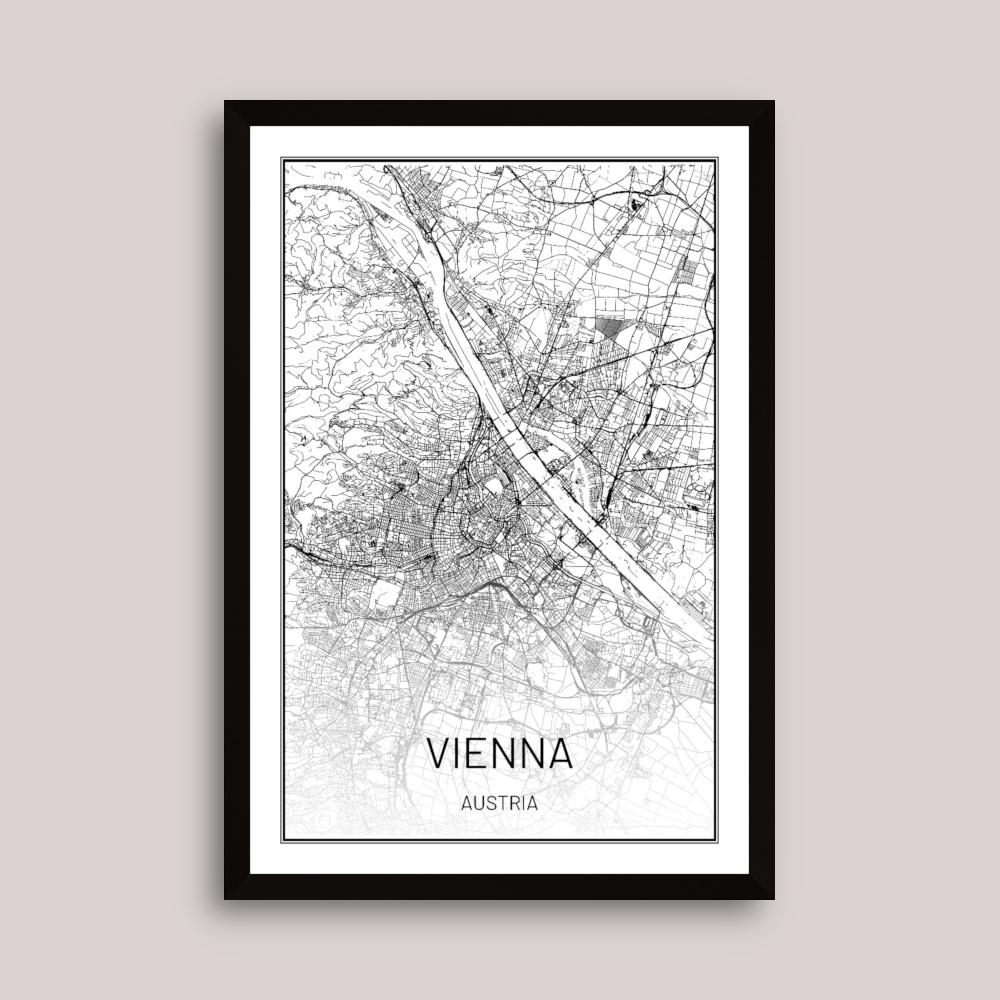 Tablou inramat Reinterpretare grafică în alb și negru a hărții orașului Viena 35 x 50 cm