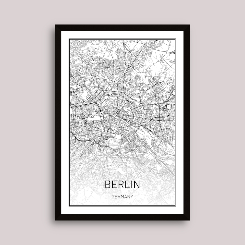 Tablou inramat Reinterpretare grafică în alb și negru a hărții orașului Berlin 35 x 50 cm