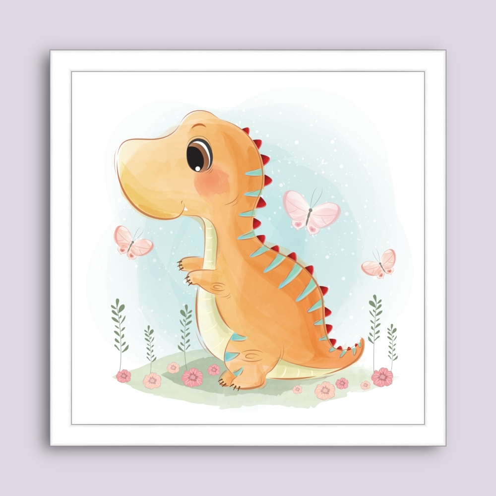Tablou inramat Baby Dino, fluturi, flori/Veselie în culori! 35 x 35 cm