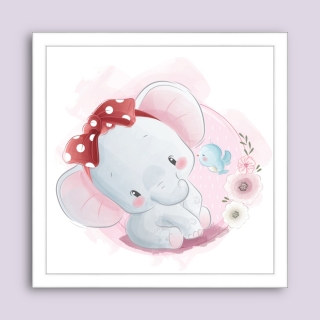 Tablou inramat Elefantul cu fundiță, merge azi la grădiniță. 35 x 35 cm
